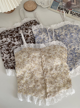 2023早春新款法式内搭外穿打底衫上衣蓝色蕾丝花边碎花背心吊带女