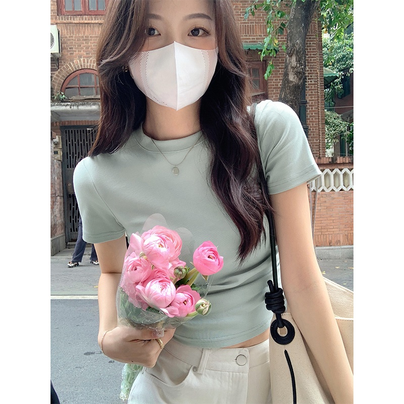 时尚简约风带胸垫外穿圆领短袖女