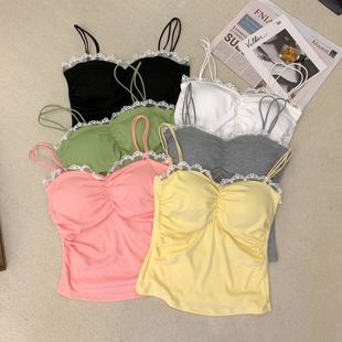 带胸垫百搭 夏季 新款 纯欲性感蕾丝领口吊带女修身 显瘦外穿一体式
