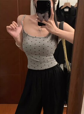 甜辣妹灰色波点吊带背心女夏无袖外穿泰式海边带胸垫美背上衣
