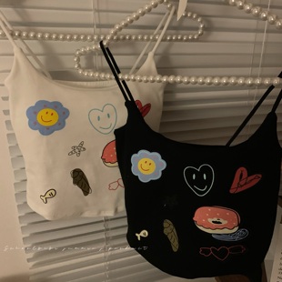 纯欲性感内搭带胸垫短款 秋装 外穿白色上衣甜辣妹印花小吊带背心女