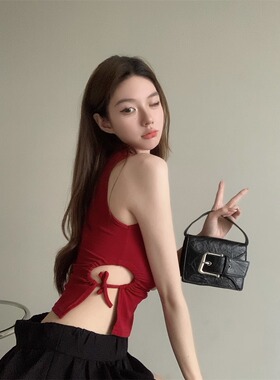 爆款红色镂空系带吊带背心女秋季2023新款辣妹带胸垫短款修身上衣