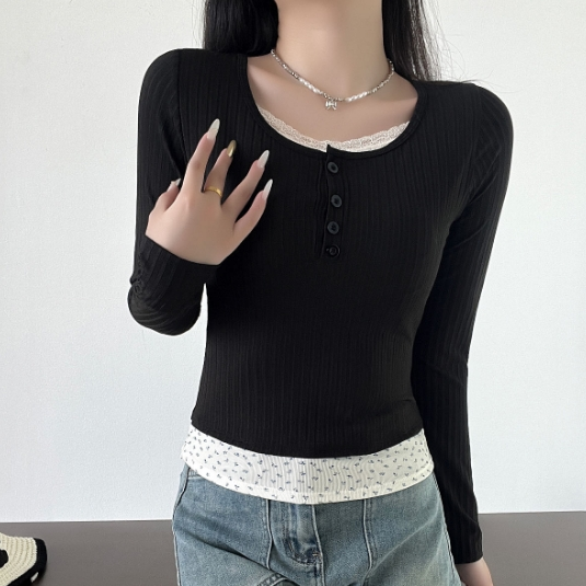 纯欲长袖假两件T恤女带胸垫蕾丝拼接春秋内搭修身外穿打底衫上衣