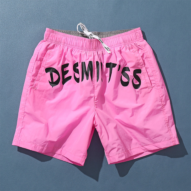 沙滩裤男 海边度假穿骚气粉色字母印花四分裤 宽松速干可下水短裤