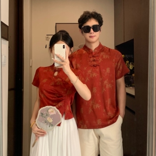 新中式情侣装夏装红色衬衫中国风男女盘扣T恤唐装上衣服新年春节