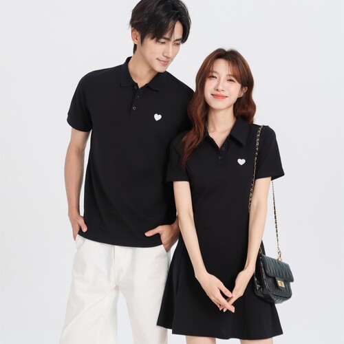 春夏情侣polo短袖爱心刺绣连衣裙