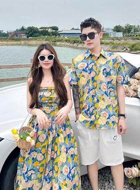 情侣装夏装连衣裙吊带海岛旅游穿搭沙滩裙高级感男套装海边度假风