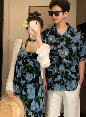 度假风蓝色碎花吊带连衣裙女夏季小众设计感情侣装夏装三亚沙滩裙