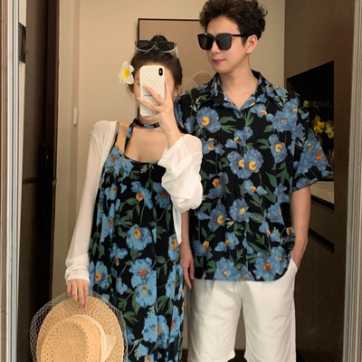 夏季度假风蓝色碎花吊带连衣裙