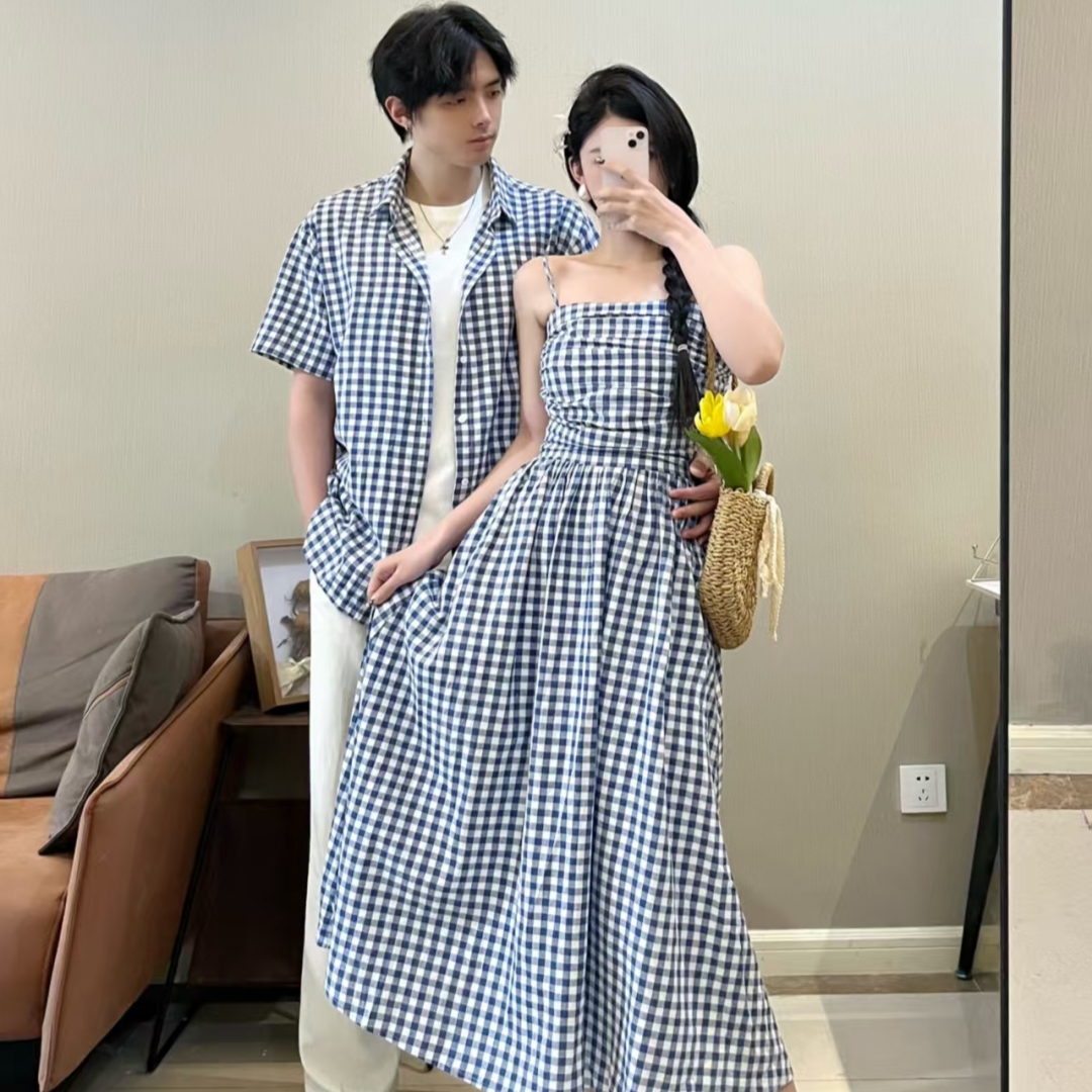 显瘦小众高级感格子情侣装夏装