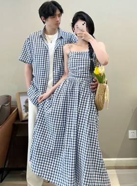 显瘦小众高级感格子情侣装夏装