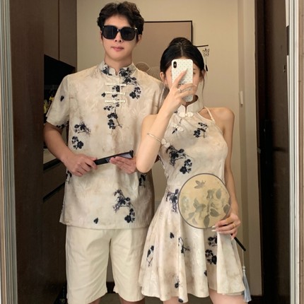 新中式短袖情侣装夏装国风改良旗袍连衣裙小众设计高级感一裙一衣