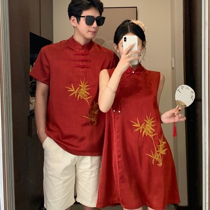 新中式情侣装夏装国风红色改良旗袍结婚订婚一裙一衣新年唐装衣服