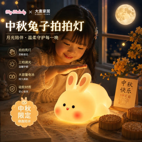 【中秋节限定】可爱发光兔子伴睡头灯护眼台灯卧室硅胶拍拍小夜灯