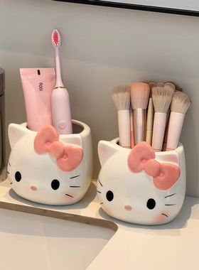 可爱猫咪收纳罐家用洗漱台牙刷架化妆刷收纳盒卡通少女心装饰摆件