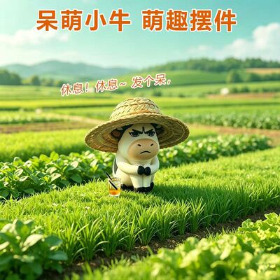 呆萌emo草地牛手办可爱丑萌牛公仔 汽车摆件车载装饰品中控台