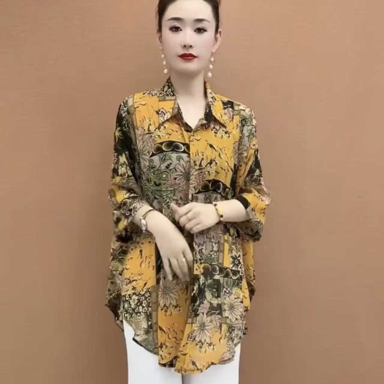 通勤风碎花POLO领防晒衬衫女衬衫