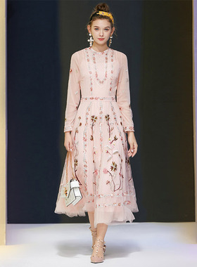 DIDA春秋新款女装网纱重工刺绣收腰显瘦大摆长裙礼服裙名媛连衣裙