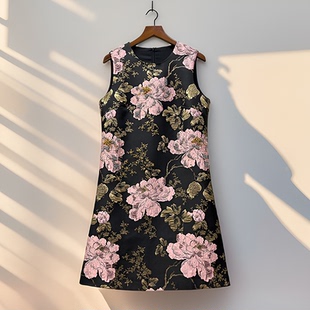 夏季新款女装棉质手工钉珠珠片刺绣圆领无袖背心裙宫廷中式连衣裙