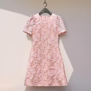 高级感进口天丝刺绣绒线立体工艺圆领短袖 轻奢连衣裙 a字裙夏季