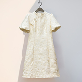 新中式 夏季 高级感天丝绣花订珠斜襟立领灯笼袖 女装 旗袍连衣裙 新款