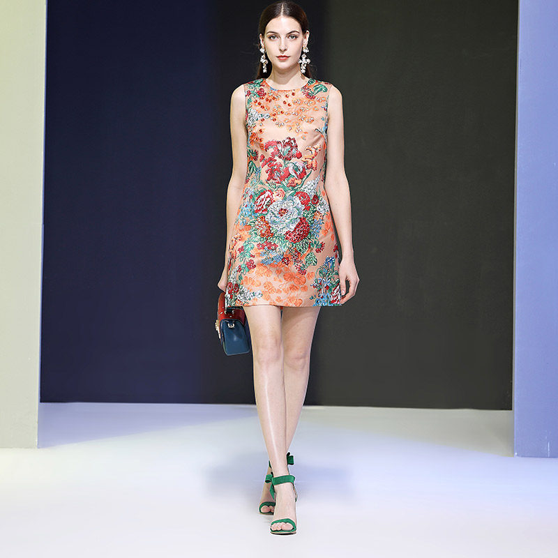 重工彩色订钻背心裙dida夏季新款欧美女装锦棉绸复古印花连衣裙潮
