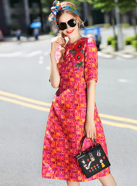 DIDA春秋红色连衣裙提花棉立体订花印花格子修身显瘦中长裙打底裙