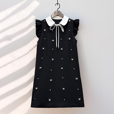 赫本风娃娃领木耳飞飞袖钉珠休闲轻奢减龄夏季高质感醋酸麻连衣裙