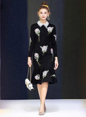DIDA春秋新款女装罗马针织棉重工刺绣烫钻欧根纱钉珠镶钻领连衣裙