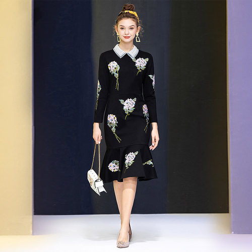 DIDA春秋新款女装罗马针织棉重工刺绣烫钻欧根纱钉珠镶钻领连衣裙