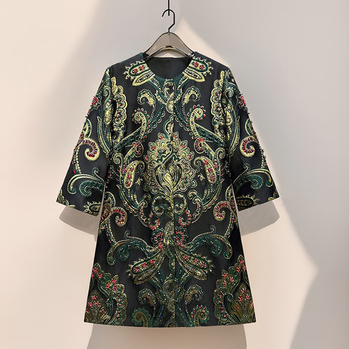 高级感复古风中长款大衣提花外套春秋款烫金刺绣重工钉珠轻奢风衣