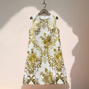高定金花~2026夏季新款女装提花烫金刺绣重工钉珠法式轻奢背心裙