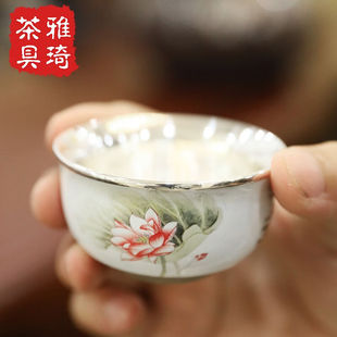 银斯妮陶瓷茶杯瓷包银个人杯999纯银茶杯宽口家用品茗主人杯建盏