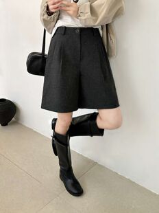 韩系学院风休闲灰色毛呢短裤女秋冬爆款小个子休闲呢子靴裤子