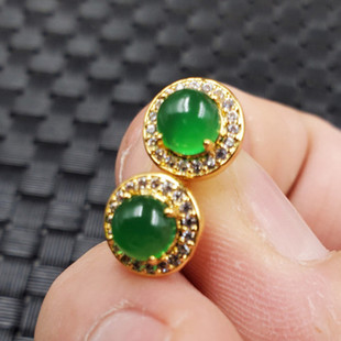 玉石耳钉冰种绿玉髓圆形耳钉碧绿色玉髓镶钻耳钉玉耳钉玉耳坠耳饰