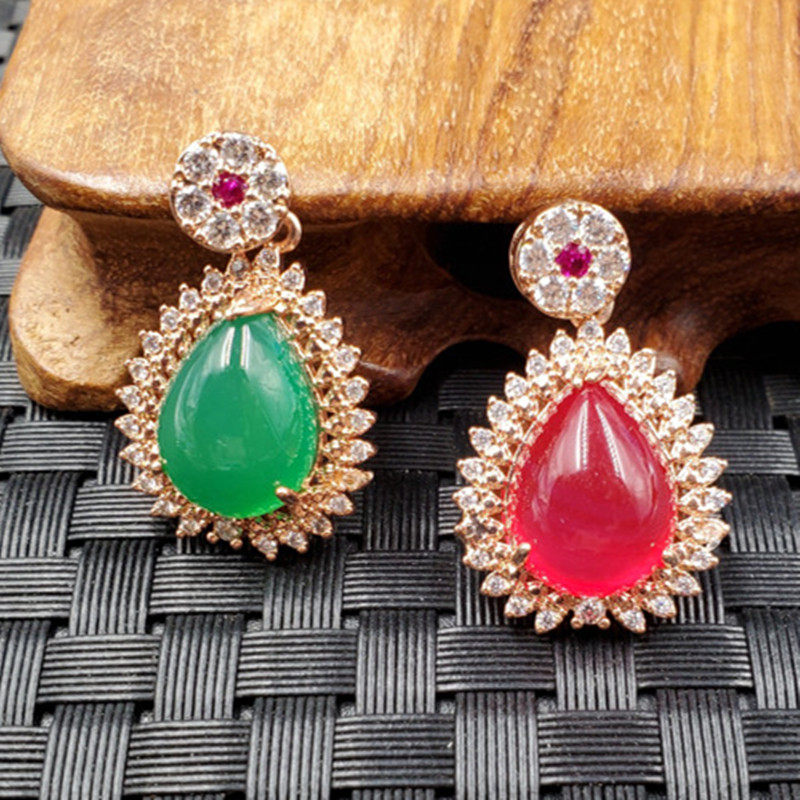 结缘珠宝天然玉石冰种绿玉髓水滴挂件红玛瑙水滴镶钻挂件玉坠