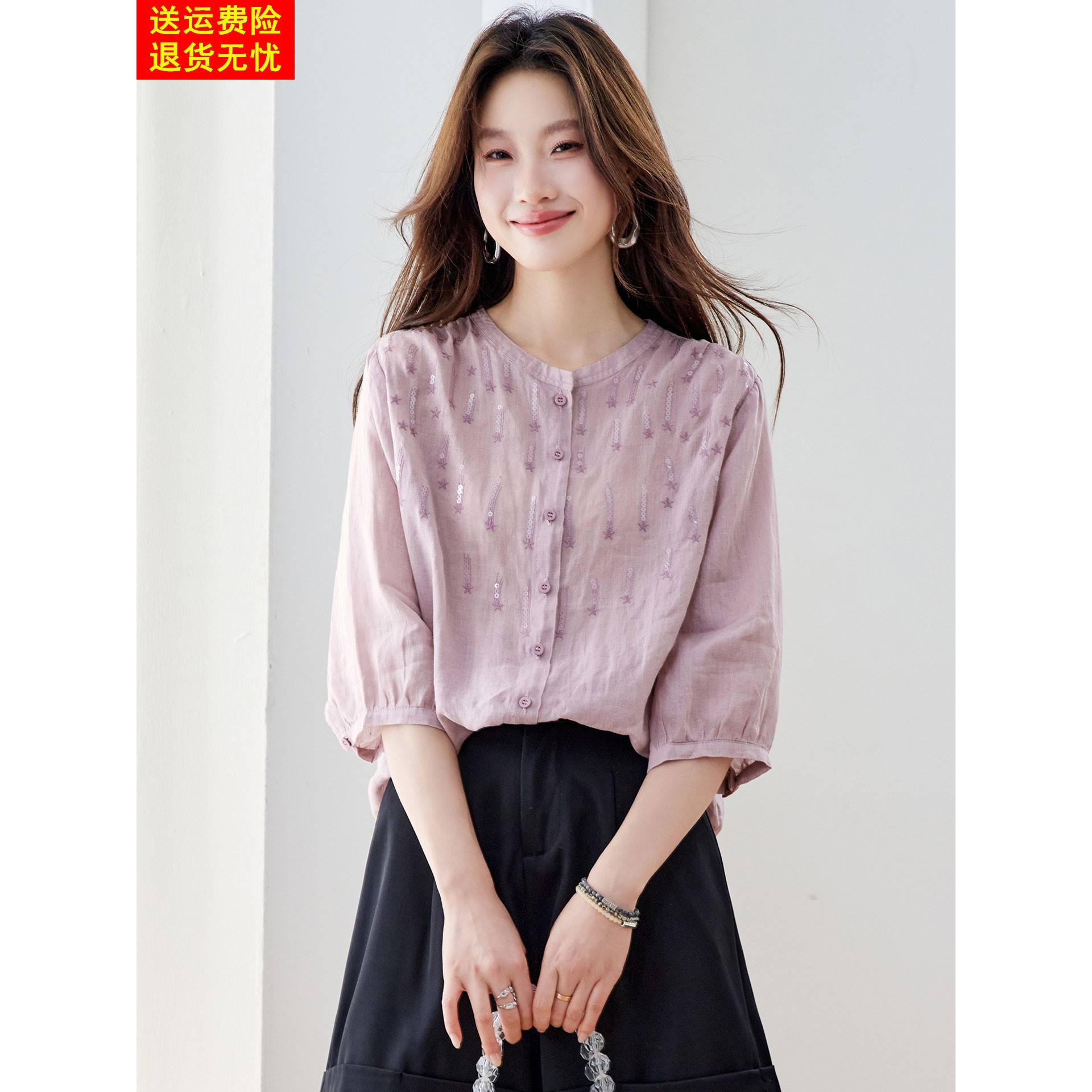 苎麻中袖衬衫女夏季独特漂亮超好看圆领刺绣七分袖衬衣高端上衣