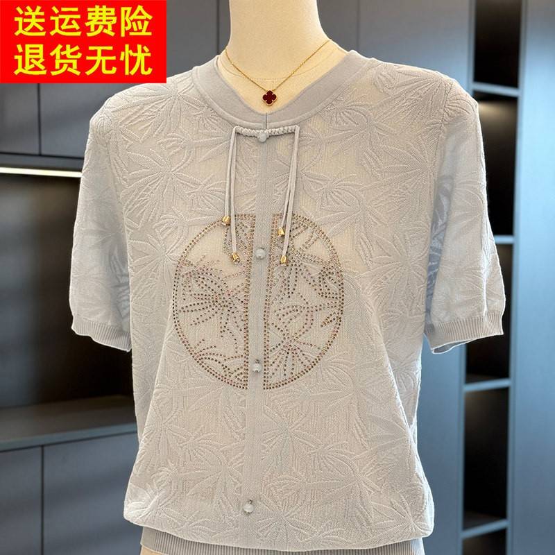 中国风妈妈装针织衫女短袖夏装新款上衣气质小衫减龄中老年T恤衫