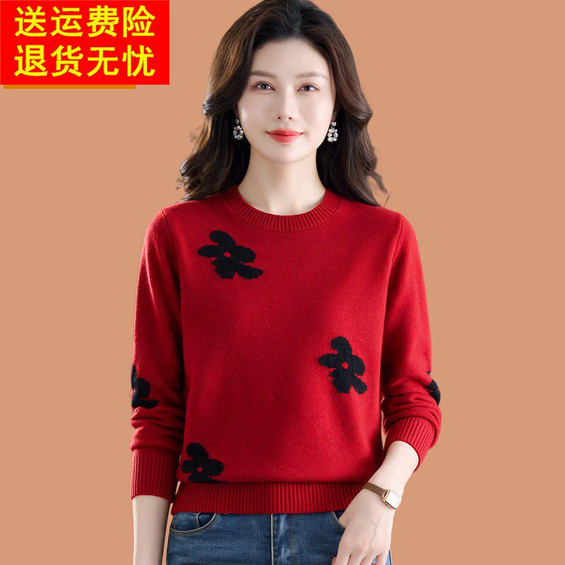 高档100%纯羊毛女士毛衣2026秋冬新款小个子花朵超好看红色打底衫