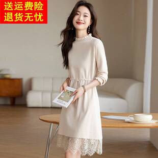 春秋新款针织羊毛连衣裙女小个子穿搭配大衣拼接蕾丝打底毛衣裙子