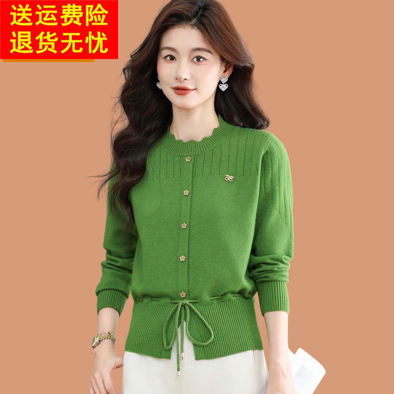小个子高腰羊毛打底衫女2026新款秋季设计感收腰细带绝美绿色毛衣