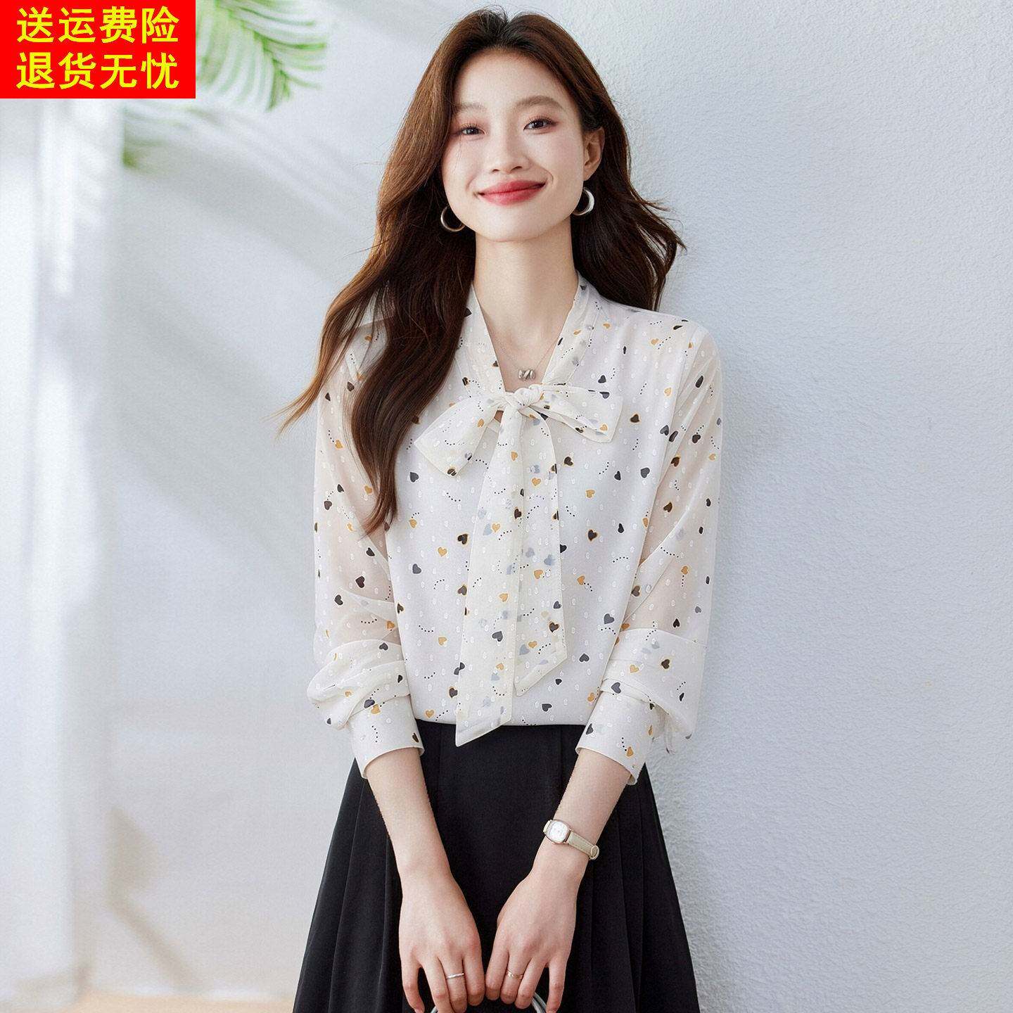 印花雪纺衬衫女2026春季新款飘带领衬衣减龄洋气上衣法式通勤小衫