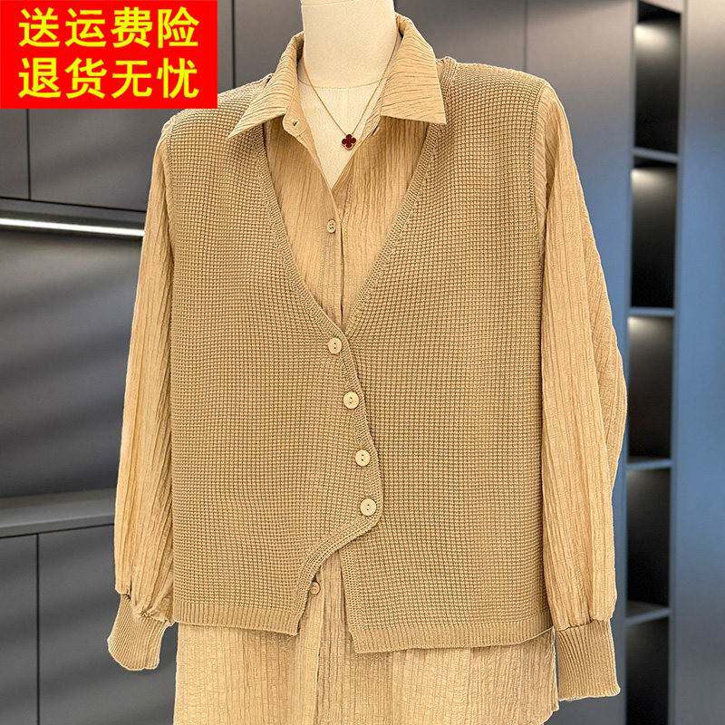 时尚洋派假两件针织衫女妈妈装春装新款上衣气质休闲 中年人衬衫