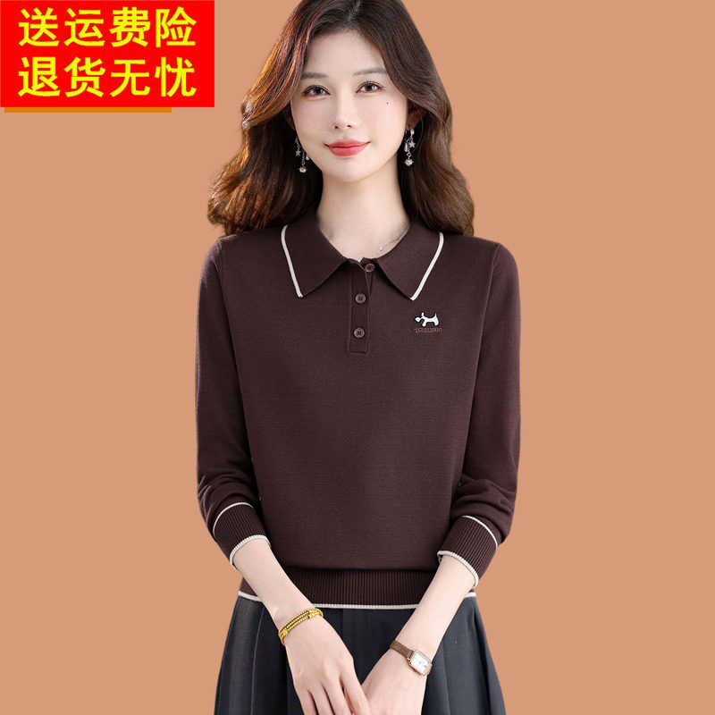 羊毛衫女2026新款女秋装薄款妈妈大码针织打底衫气质POLO翻领上衣