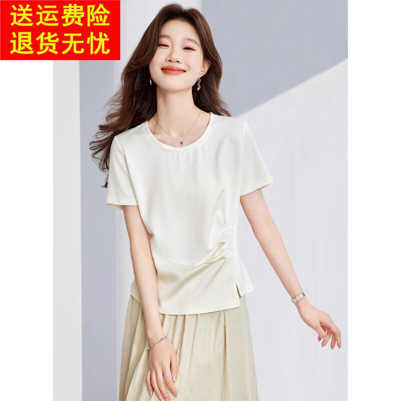 2025夏日新款设计感褶皱短袖白色T恤小个子不对称别致洋派上衣女