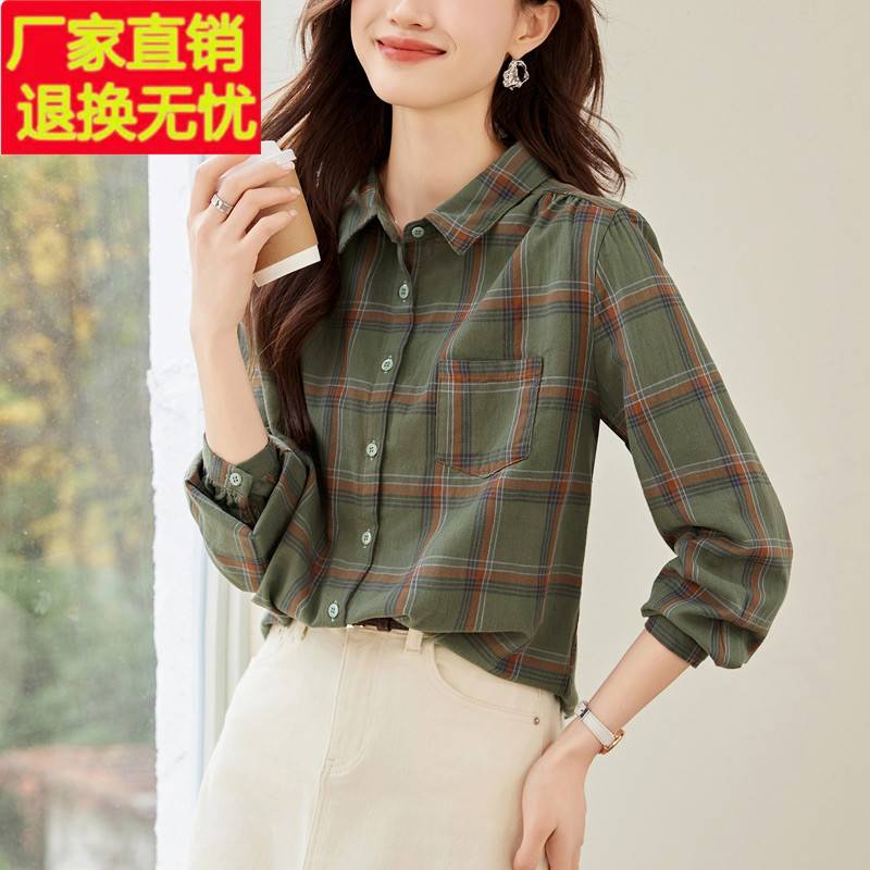 格子纯棉衬衫女长袖港风2025春季新款时尚设计感休闲衬衣全棉上衣