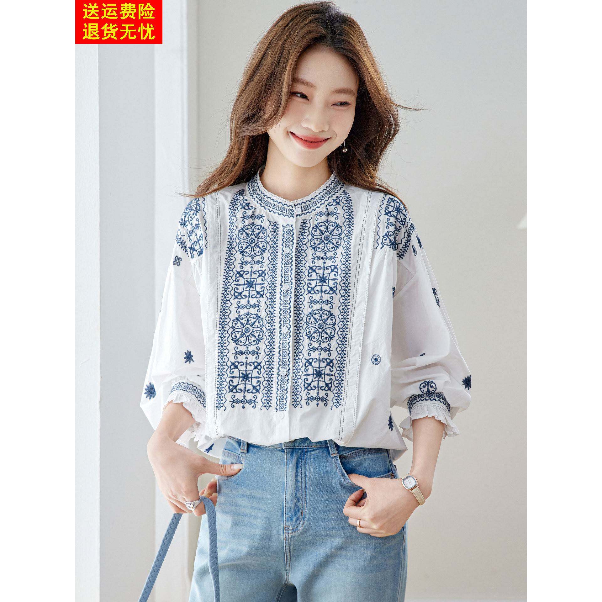 波西米亚风重工刺绣纯棉白色衬衫女高级感轻奢宽松减龄超好看上衣