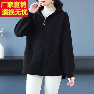休闲连帽羊绒大衣女士遮臀开衫秋冬宽松大码显瘦双面毛呢上衣外套
