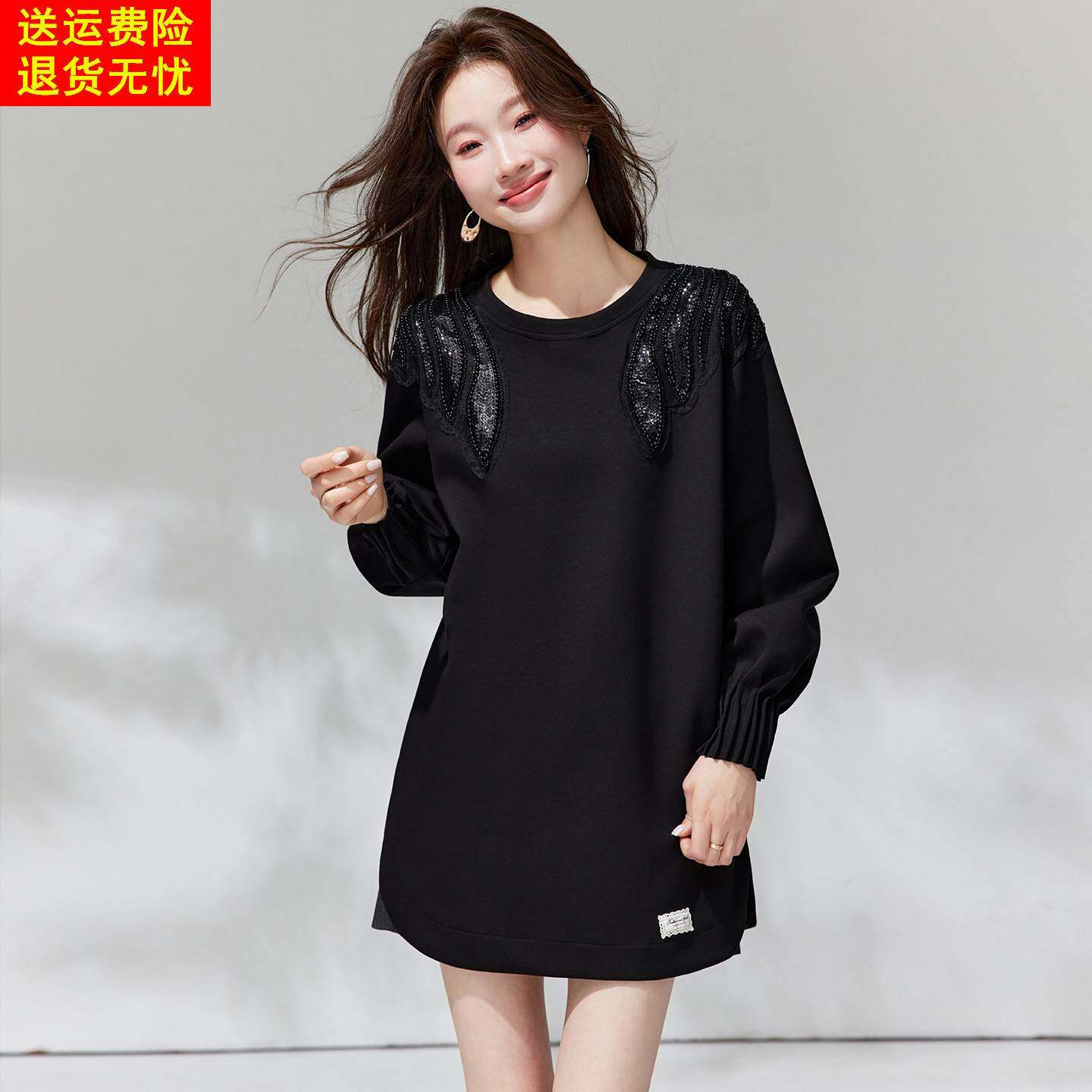 黑色厚棉T女春季2026新款今年流行爆款女装长袖T恤宽松遮肚子上衣