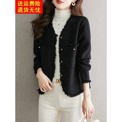 2025秋季新款女装法式小香风高级感流苏短外套超好看黑色毛呢上衣